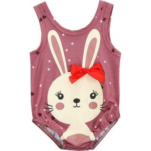 2021 Summer Baby Girls Swimsuit, Cartoon Bunny Print Sleeveless Bodysuit One-piece Suit for Vacation Swimming Beach Hot Sale