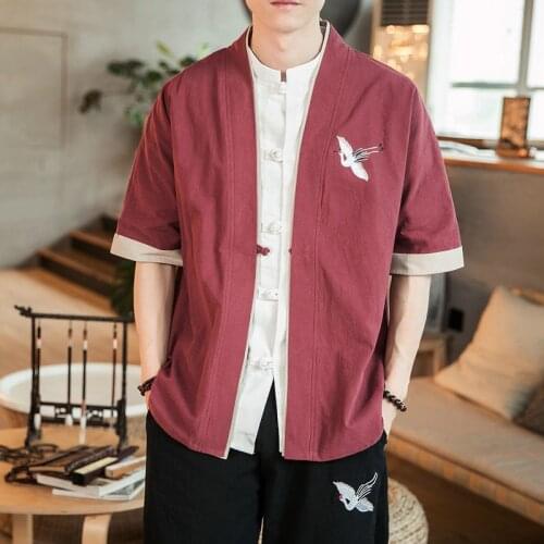 MrGB Chinese Style Summer Half Sleeve Mens Shirt Tang Suit Crane Embroidered Coil Button Cardigan Male Shirts Kimono Loose Tops