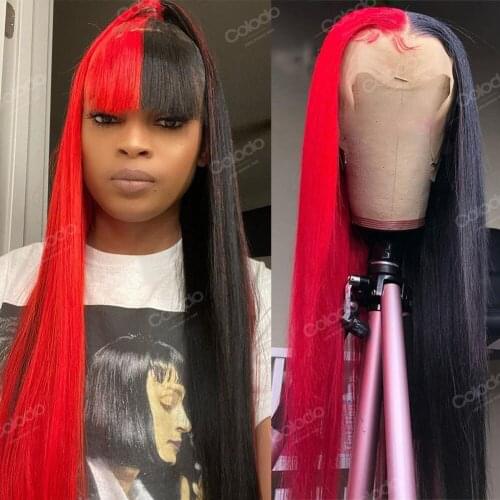 Half Red Half Black 13x4 Straight Lace Front Wig With Baby Hair Remy PrePlucked Deep Wave Ombre Human Hair Wigs For Women COLODO