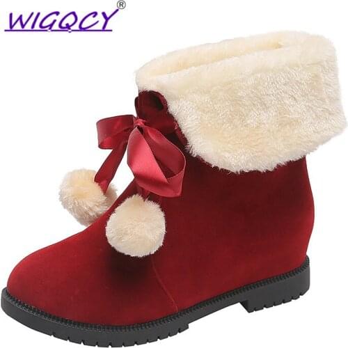 New Warm wool Snow Boots women Suede Ankle Boot Fashion shoes Square heel Fashion Sweet Flock Ball Slip-On Black boots women