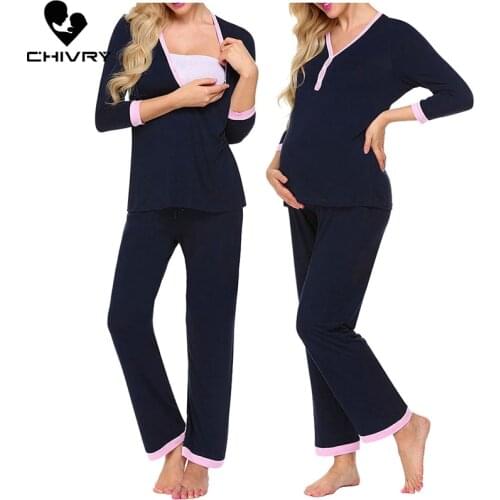 Maternity Pregnant Women Pajamas Set Long Sleeve Nursing Baby T-shirt Tops+Adjustable Pants Pajamas Cotton Nightwear Clothing