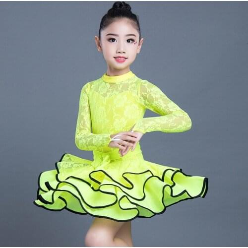 Standard ChildrenS Latin Dance Dress Milk Fiber Lace Long-Sleeved Salsa Samba Ballroom Dancing Dresses For Kids 5 Colors DL3192