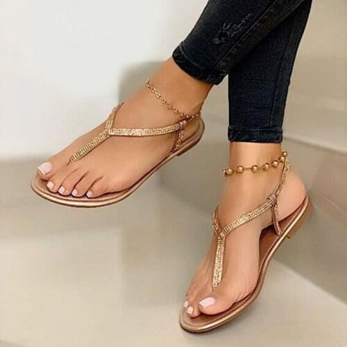 Womens Shoes Summer New Rhinestone Flat Shoes Clip T-type Strap Roman Shoes Low Flat Sandals Women Plastic Sandals Beach