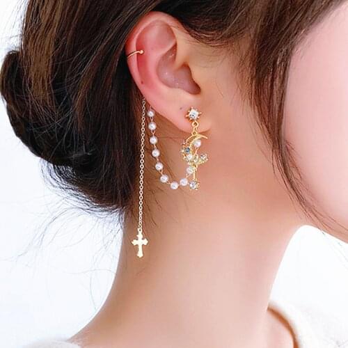 Сережки необычные Fashion Long Tassel Drop Earrings for Women Gold Color Moon Cross Pendent Earrings 2021 Trendy Dangle Jewelry