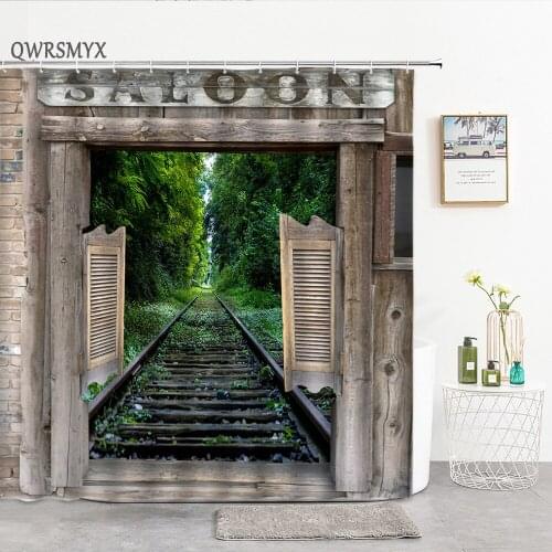 Old-Fashioned Wooden Door Forest Railway Shower Curtains Fabric Hooks Bath Curtain Home Decor Hanging Cloth Bathroom Products
