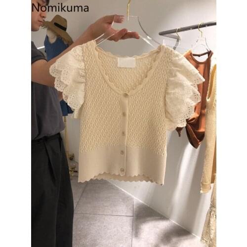 Nomikuma 2021 Spring Summer Knitwear Butterfly Sleeve V-neck Knitted Cardigan New Elegant Korean Women Knitting Tops 6D782