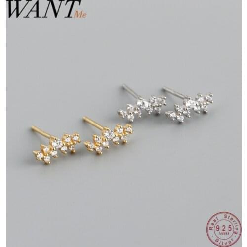 WANTME 925 Sterling Silver Charm Shiny Double Zircon Small Stud Earrings for Women Fashion Geometric 18k Gold Plated Jewelry