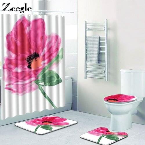 Zeegle 4pcs Bath Mat Set with Shower Curtain Bathroom Shower Mat Anti Slip Toilet Pedestal Rug Flannel Soft Foot Mat Toilet Set