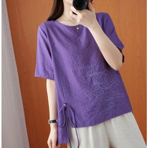 Women Summer Cotton Linen Casual T-shirts New Arrival 2021 Simple Style O-neck Vintage Embroidery Loose Female Tops Tees S3417