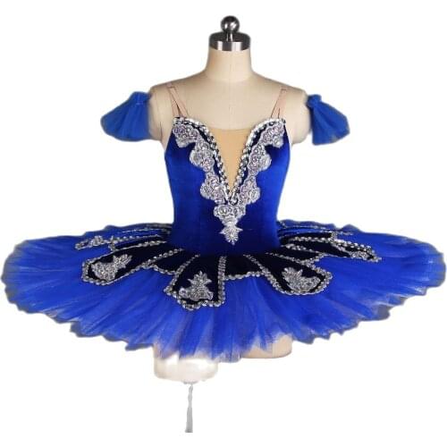 GDC Professional Ballet Dance Tutu Dress Dark Blue Stretch Velvet Bodice with 7 Layer Pleated Tulle Pancake Tutus Women BLL429