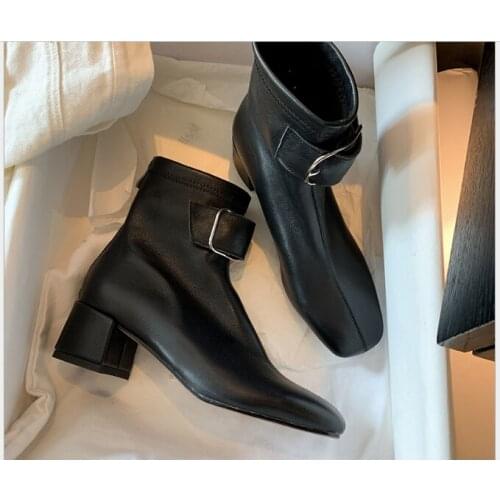 2020 new short boots square toe thick heel mid heel metal solid color belt buckle Martin boots fashion womens boots