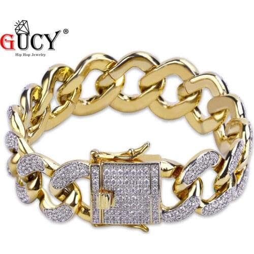 GUCY Hip Hop Iced Out Bling Cuban Bracelet Gold Color Micro Pave Cubic Zircon Bracelets 18mm Width Chain Bracelets Gift For Men