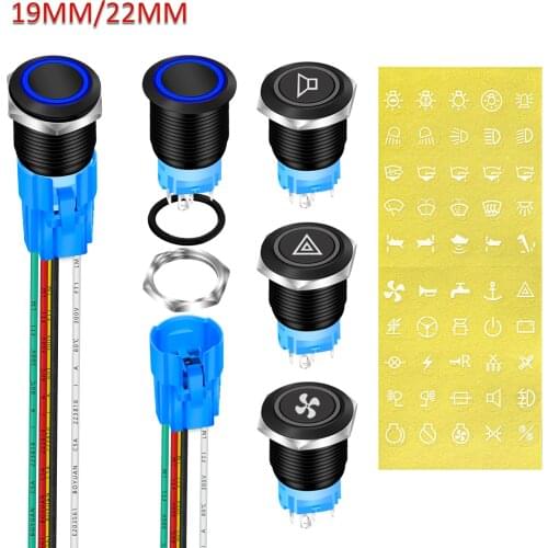 19MM 22MM Black Metal Push Button Switch With LED 12V 24V Latching Momentary Waterproof Illuminated Pushbutton Blue Light