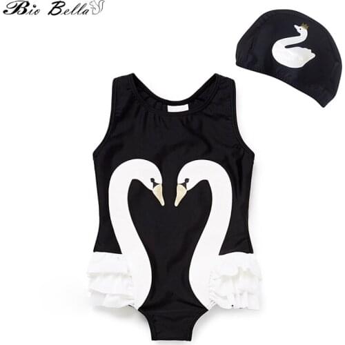 Toddler Kids Girl Swimsuit One-piece Children Swimwear Girls Swan Ruffled Bathing Suit Girls Swimsuit With Swim Cap