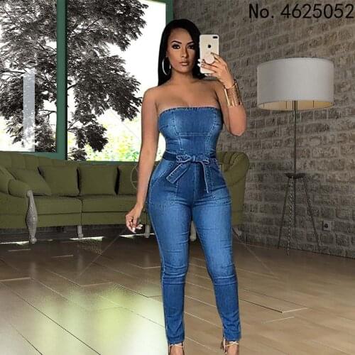 Denim Bodycon Jumpsuit Women Casual Sleveless High Waist Zipper Pencil Jeans Rompers Belt Elastic Vestidos Overalls 2021 Autumn