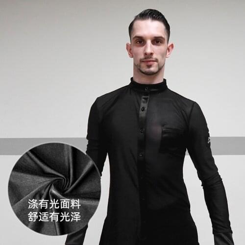 Elastic Men Dance Top Black Long Sleeve Gauze Shirt Dance Pratice Wear Ballroom Burning Man Costumes New Latin Dance Tops VDB765