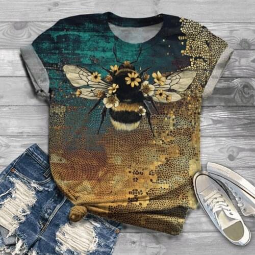 #H40 O-Neck Short Sleeve Plus Size Tshirt Women 3D Bee Print Vintage T Shirt Tops Tee T-Shirt Casual Loose Harajuku T Shirt