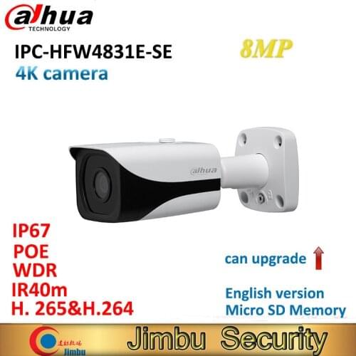 Dahua 8MP IP camera IPC-HFW4831E-SE WDR IR40m Mini Bullet CCTV Camera IP67 POE can upgrade video security English version 4K