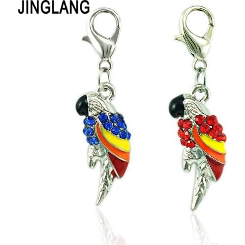 JINGLANG Animal Lobster Clasp Charms 2 Color Rhinestone Enamel Parrot Animal Pendants DIY Charms For Jewelry Making Accessories