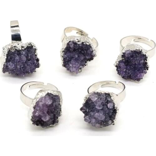 Natural Raw Stone Purple Amethyst Druzy Rings Reiki Healing Adjustable Crystal Quartz Ring Party Gift for Women Fashion Jewelry