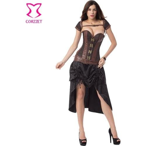 Brown/Black Brocade and Leather Belt Gothic Corset Skirt Jacket Steampunk Couture Clothing Korset For Women Corsets and Bustiers