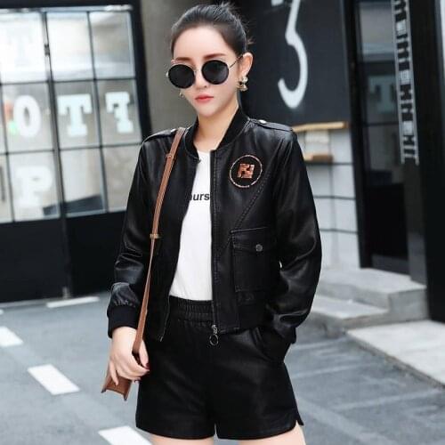 2021New Womens Short Leather Casual Korean Lettered Embroidered Leather Coat Loose and Thin Womens Baseball Suit