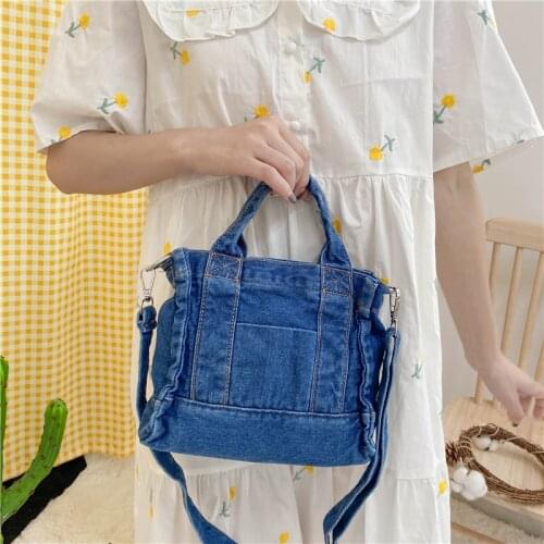 Summer Casual Blue Denim Tote for Women Trendy Mini Shoulder Bag with Outside Pocket Fashion Handbag Zipper Messenger Bag