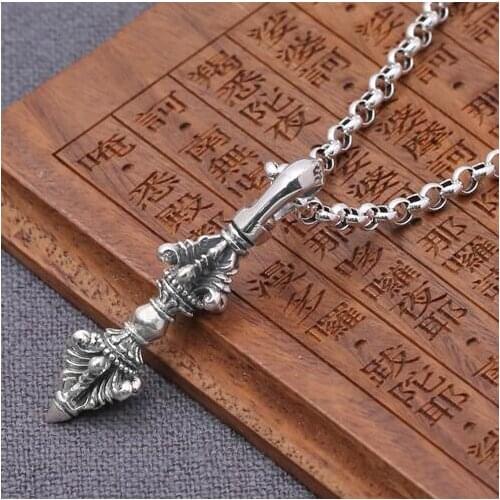 Small 925 Silver Tibetan Dorje Pendant Necklace vintage silver Dorje Pendant Necklace Silver Buddhist Dorje Amulet Necklace