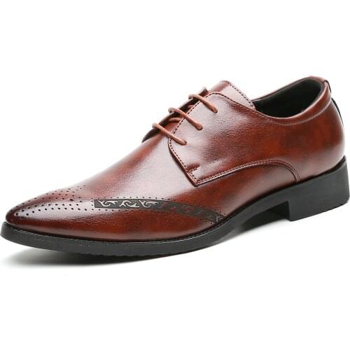 Men Leather Dress shoes Formal Elegant Classic Business Wedding Social Male Fashion Pointed Toe Brogue Footwear Party Lace Up