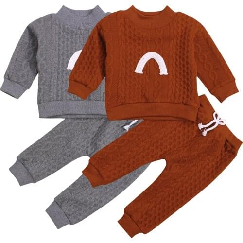 Infant Baby Girls Boys 2Pcs Fall Outfits, Long Sleeve Mock Neck Rainbow Knit Tops + Elastic Waist Pants Set 0-3Y