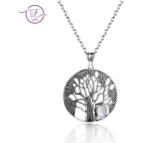 Natural Moonstone Life Tree Pendant Necklace For Women Fine Sterling Silver 925 Jewelry Daily Life Birthday Anniversary Gift