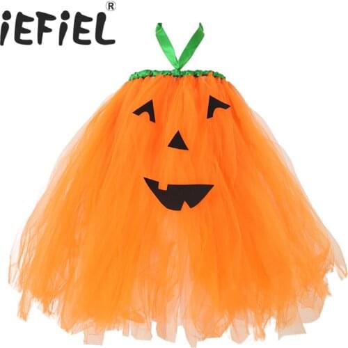 Orange Kids Girls Halloween Cosplay Pumpkin Dress Halter Lace Up Straps Self Tie Closure Pieces Mesh Tutu Dress for Roleplay