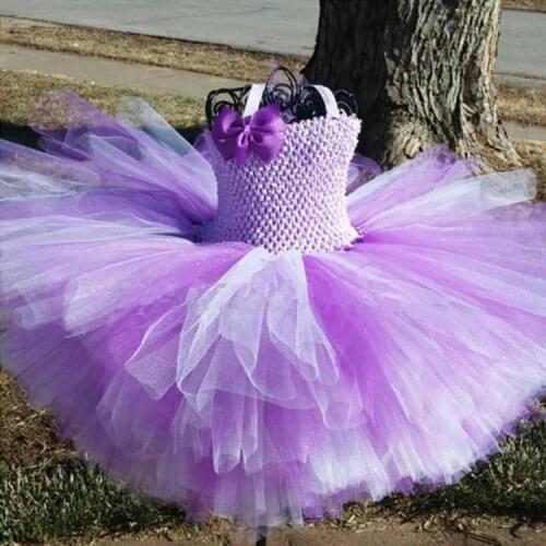 Lovely Baby Purple Crochet Tutu Dress Girls Tulle Dress with Grosgrain Bow Headband Set Children Birthday Party Costume Dresses
