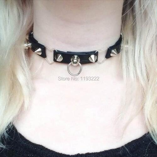 Sexy Punk Handmade Pop Rock 2 Heart Long Spikes Haning Round Circle Leather Choker Collar Necklace