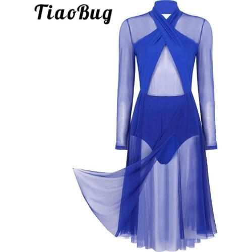 TiaoBug Women Halter Long Sleeve See Through Sheer Mesh Gymnastics Leotard Ballet Dress Adult Contemporary Lyrical Dance Costume