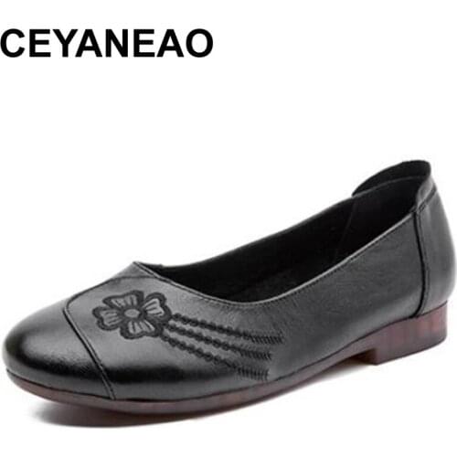 CEYANEAO Embriodery Flower Flat Shoes Women Genuine Leather Slip On Loafers Casual Flats 2021 Autumn New Black Leather Shoes for