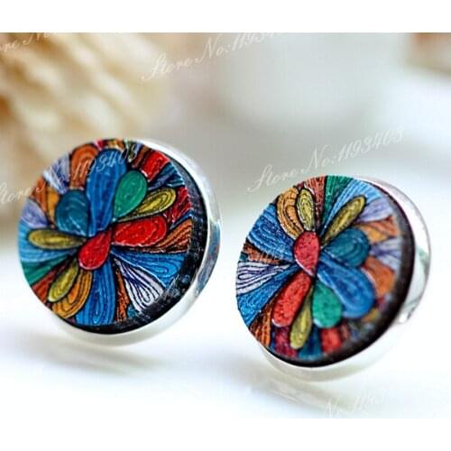 Unique 3D Flower Embossed 16mm Round Coloured Drawing pattern Laser Cut wood Cabochon DIY for Rings, Earring,Brooch,Necklace