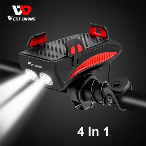 WEST BIKING Bike Light 2000mAh/4000mAh Battery Power Bank Phone Holder 130DB Speaker Bell 4 in 1 MTB Cycling Bicycle Lights