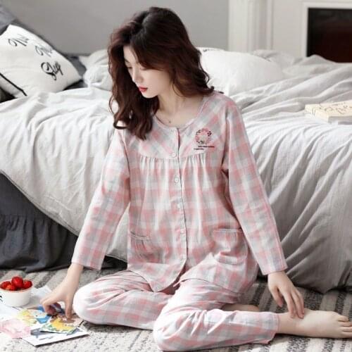 XEJ Cotton Pajamas for Women Plaid Sleepwear Autumn Home Suit for Women Night Suits for Women Cardigan Pajama Woman Big Size