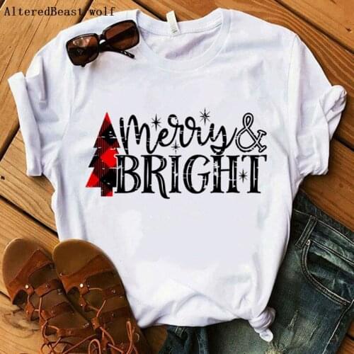 Women white christmas t shirt women Plaid tree print merry BRIGHT vogue t shirt female casual short sleeve clothes women tops