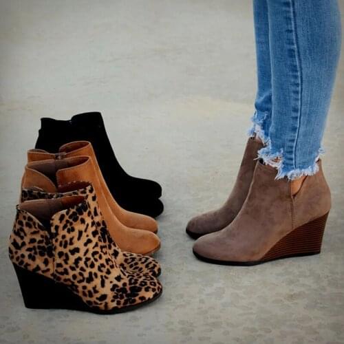 Pointed Toe Booties Winter Women Leopard Ankle Boots Lace Up Footwear Platform High Heels Wedges Shoes Women