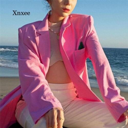 Spring and Autumn Womens Fashion Cotton Pink Blazer Loose Single-Breasted Blazer Oversized Streetwear Top