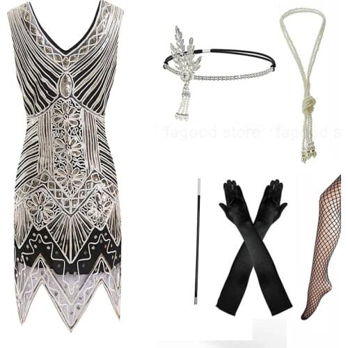 Gatsby Dress 1920s Flapper Dress Roaring 20s Costume Fringe Sequin Beaded Gold Dress and Art Deco Accessories(s-XXL)