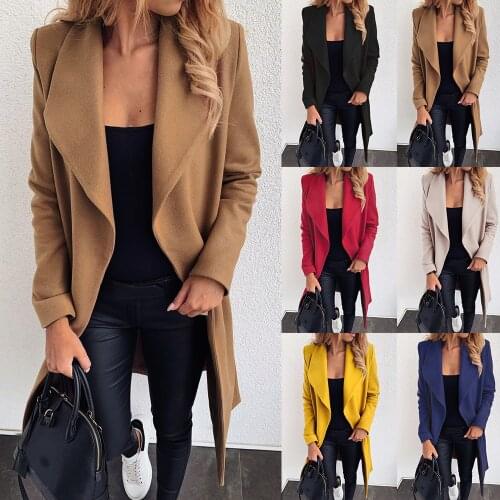 Womens Clothing Woolen Coat Solid Collar Bandage Long Sleeve Ladies Casual Slim Thick Overcoat Outwear Jacket Streetwear