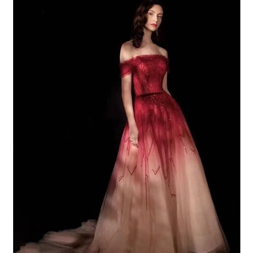 Serene Hill Gradient Red A-Line Sexy Evening Dress 2020 Beading Sequined Off Shoulder Formal Party Wear Gown Design CLA70516
