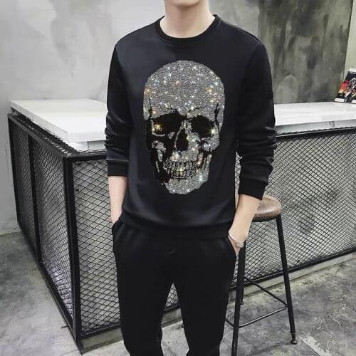 Winter Tracksuit Men Oversized Sweatshirt And Trousers Casual Fashion Thick Warm Hoodie Hot Rhinestone Hoody Black Sportswear