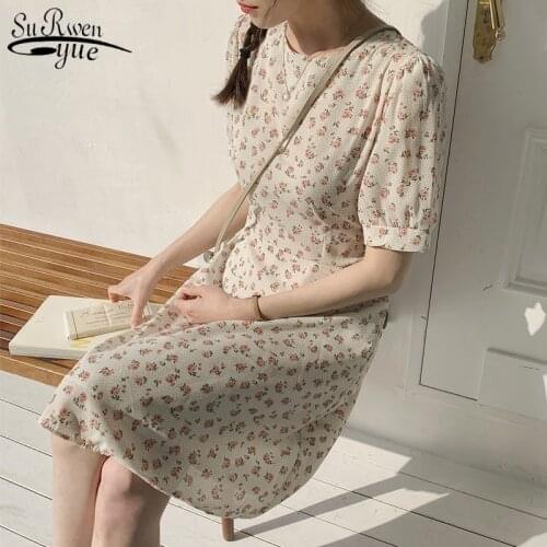 2021 Fashion Summer Dresses Vintage Simple Printed Floral Midi Dress Korean Style Wild Slim Short Sleeve Jupe Femme Preppy 9596