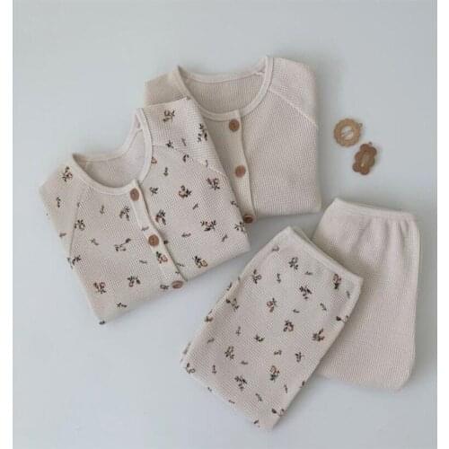 2021 Spring Autumn Baby Boys Girls Long Sleeve Waffle Top And Pants Set Baby Flower Simple Two-Piece Set Ins Home Clothes