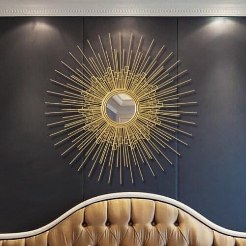 Europe Wrought Iron Wall Hanging Gold Sun Flower Decorative Mirrors Decor Home Livingroom Background Wall Mural Ornaments Crafts