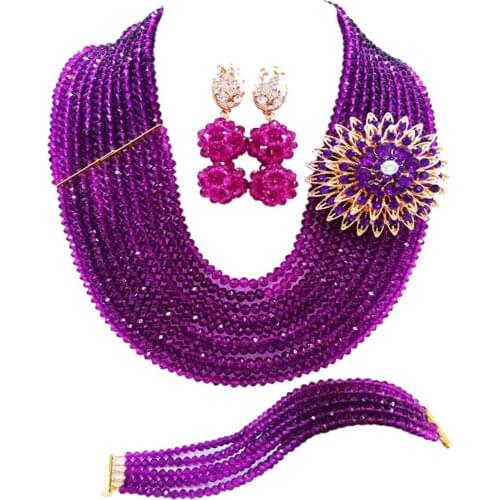 Purple African Beads Jewelry Set Crystal Nigerian Wedding Bridal Party Jewelry Necklace Sets 10DSK05